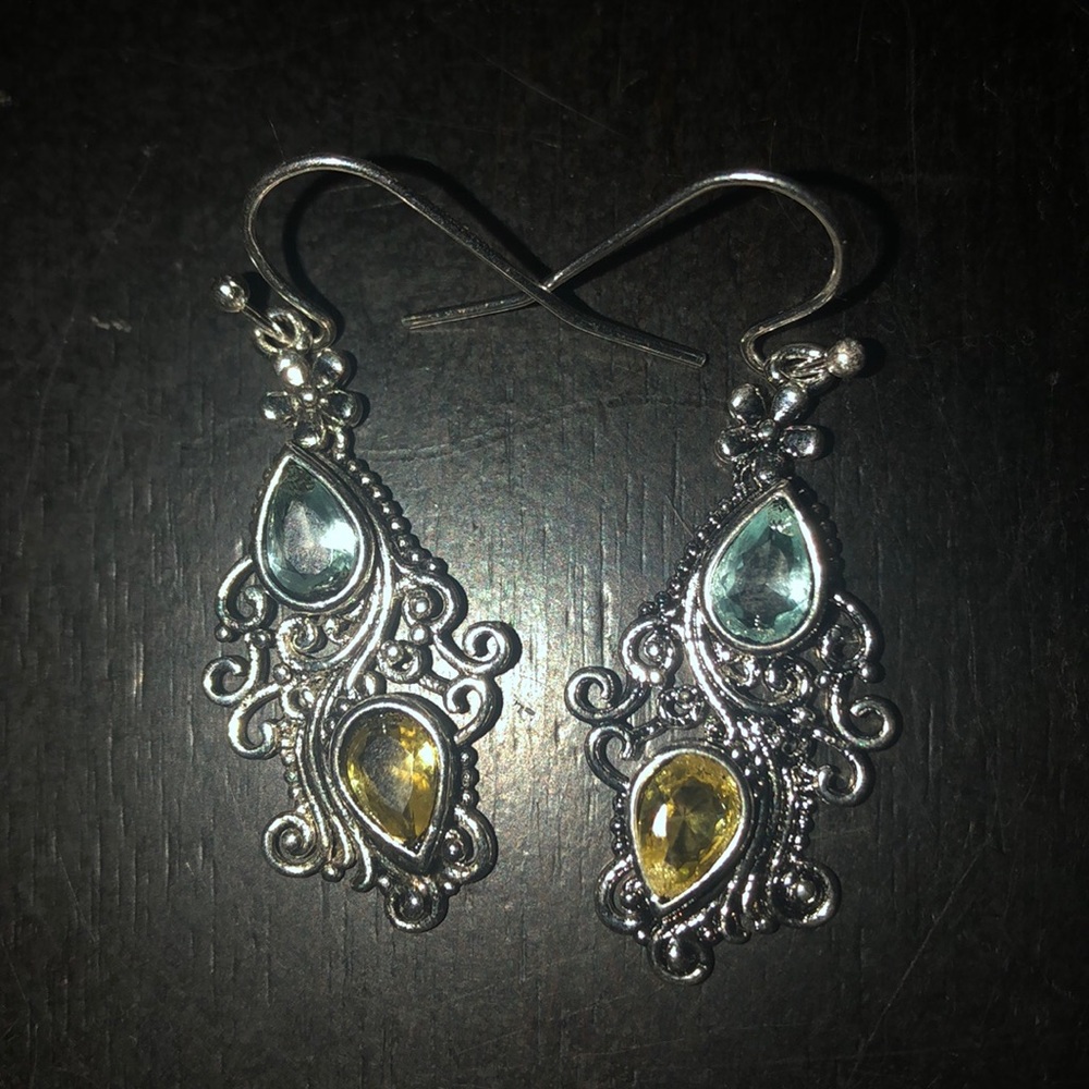 Teal & Green Gem Silver Tone Earrings